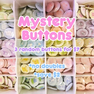 Mystery Buttons - 3 random buttons badges pins sparkle cute poyo bulba pika kawaii y2k video game japan e girl fruit gamer cute characters