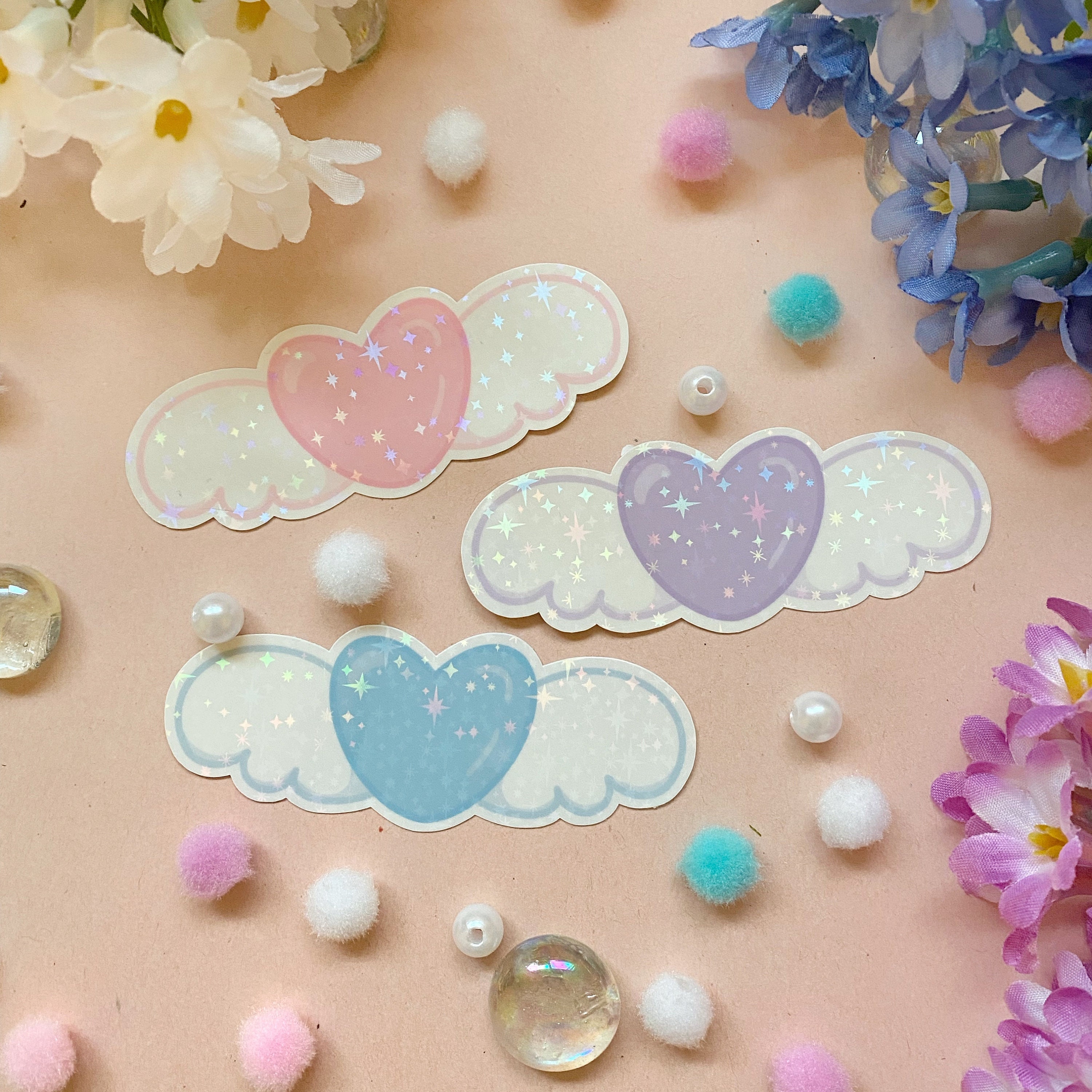 Cute Kawaii Angel Hearts Starry Sparkly Holographic Rainbow Pastel Vinyl Stickers heart with angel wings