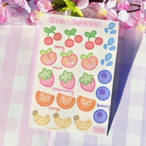 Feuille d'autocollants éclaboussures de fruits - Stickers journaux holographiques scintillants en vinyle décoratif kawaii, nourriture esthétique adorable fruits fraise cerise