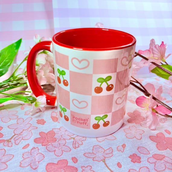 Checkered Cherry Mug with Red Accent - dishwasher microwave safe cute kawaii deco fruit drinkware ceramic mug sparkle y2k modern pop arts