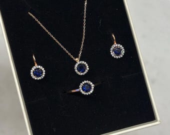 Dainty Sapphire  925 Sterling Silver  Jewelry Set, Blue Gemstone Necklace