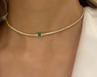 Emerald Tennis Necklace: 925 Sterling Silver Dainty Choker