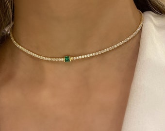 Emerald Necklace , Tennis Necklace , Choker Necklace , Dainty Tennis Necklace , 925 Emerald Necklace