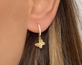 Butterfly Drop Huggie Earrings , Gold Drop Huggie Earrings 925 Sterling Silver , Earrings for Her