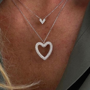 Silver Pave Heart Necklace Cubic Zirconia Gemstones , Silver Pendant Necklace , Valentine Gift,925 Sterling Silver Necklace