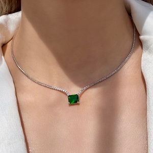 Emerald CZ Tennis Choker Necklace: 925 Sterling Silver, Handmade