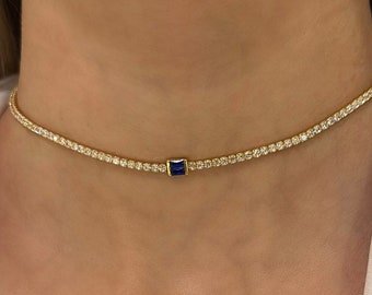 Collar de tenis de zafiro: gargantilla de plata de ley 925