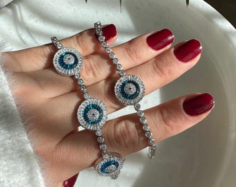 925 Sterlingsilber Lünettenset CZ Hamsa Evil Eye Damen Tennisarmband
