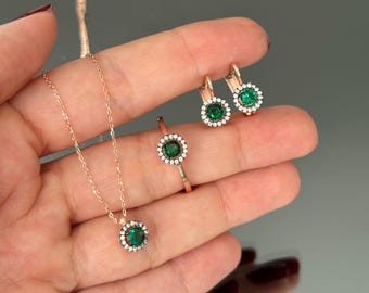 Dainty Emerald  925 Sterling Silver  Jewelry Set, Green Gemstone Necklace