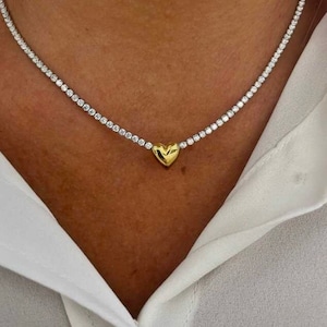 Heart Tennis Necklace, Cubic Zirconia Gemstone 925 Sterling Silver, Gifts for Her, Silver Necklace