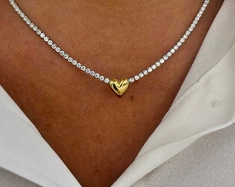 Collar de tenis con forma de corazón: circonita cúbica, plata de ley 925