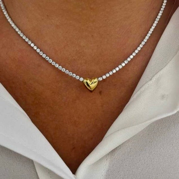 Collier tennis coeur Collier coeur délicat Bijoux minimalistes Cadeau pour elle Collier superposé Bijoux romantiques