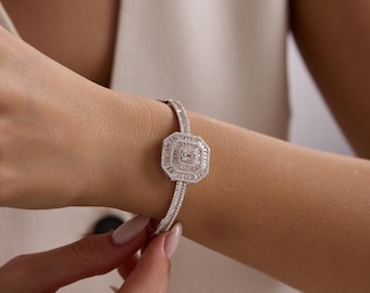 925 Sterling Silver Baguette CZ Bangle Bracelet