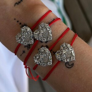 925 Sterling Silver Heart Bracelet – Red String Adjustable Bracelet, Sparkly Crystal Charm, Good Luck Jewelry, Gift for Her