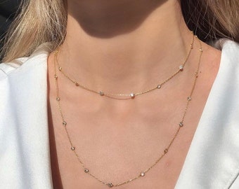 Gold Vermeil Bezel Chain Necklace: 925 Sterling Silver Station Necklace