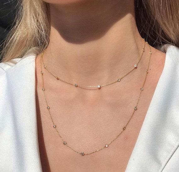 ★MIDNIGHT MOMENT.★ soak bezel chain necklace gold Bezel Chain , Station Necklace ,gold Chain, 925 Sterling