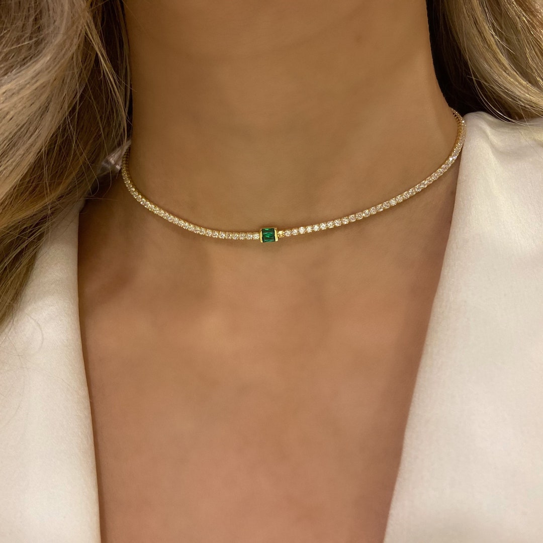 Emerald Necklace , Tennis Necklace , Choker Necklace , Dainty Tennis Necklace , 925 Emerald