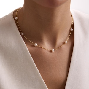 Pearl Necklace , Station Gold Chain Necklace , 925 Sterling Silver Chain , Necklace  for Her, Gifts for Her, Pearl Jewelry