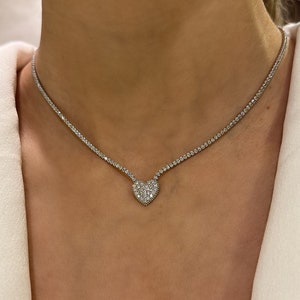 Pave Heart Tennis Necklace , 925 Sterling Silver Tennis Necklace , Cubic Zirconia Gemstones Tennis Necklace