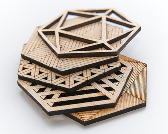 Wood Hexagon Coaster Set,  Laser Cut Coasters,  Mix and Match pick 4, Housewarming gift