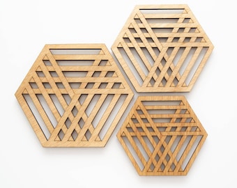 Wooden Intertwined Hexagon Trivet set-3, sealed with mineral oil/ no stains, Modern hot pad, Christmas Gift, Housewarming gift, Wedding gift