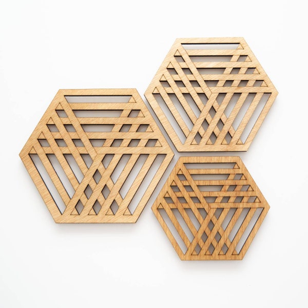 Wooden Intertwined Hexagon Trivet set-3, sealed with mineral oil/ no stains, Modern hot pad, Christmas Gift, Housewarming gift, Wedding gift