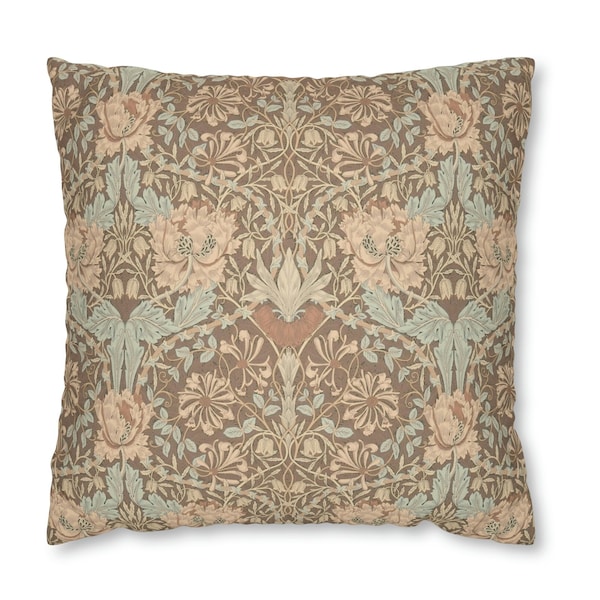 William Morris Faux Suede Pillow (with or without insert), Unique Arts & Crafts Décor, Floral, Honeysuckle and Tulip, Soft Green + Beige