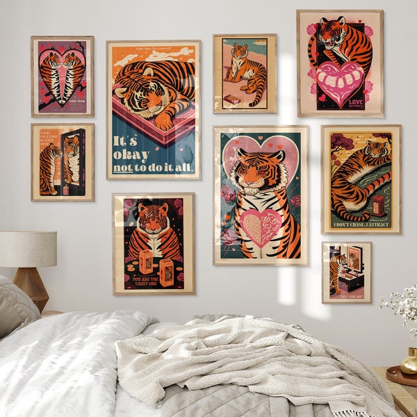 Gallery Wall Set of 9 Prints PRETTY TIGERS y2k Room Decor Positive Affirmation Poster Indie Room Decor Japanese Poster