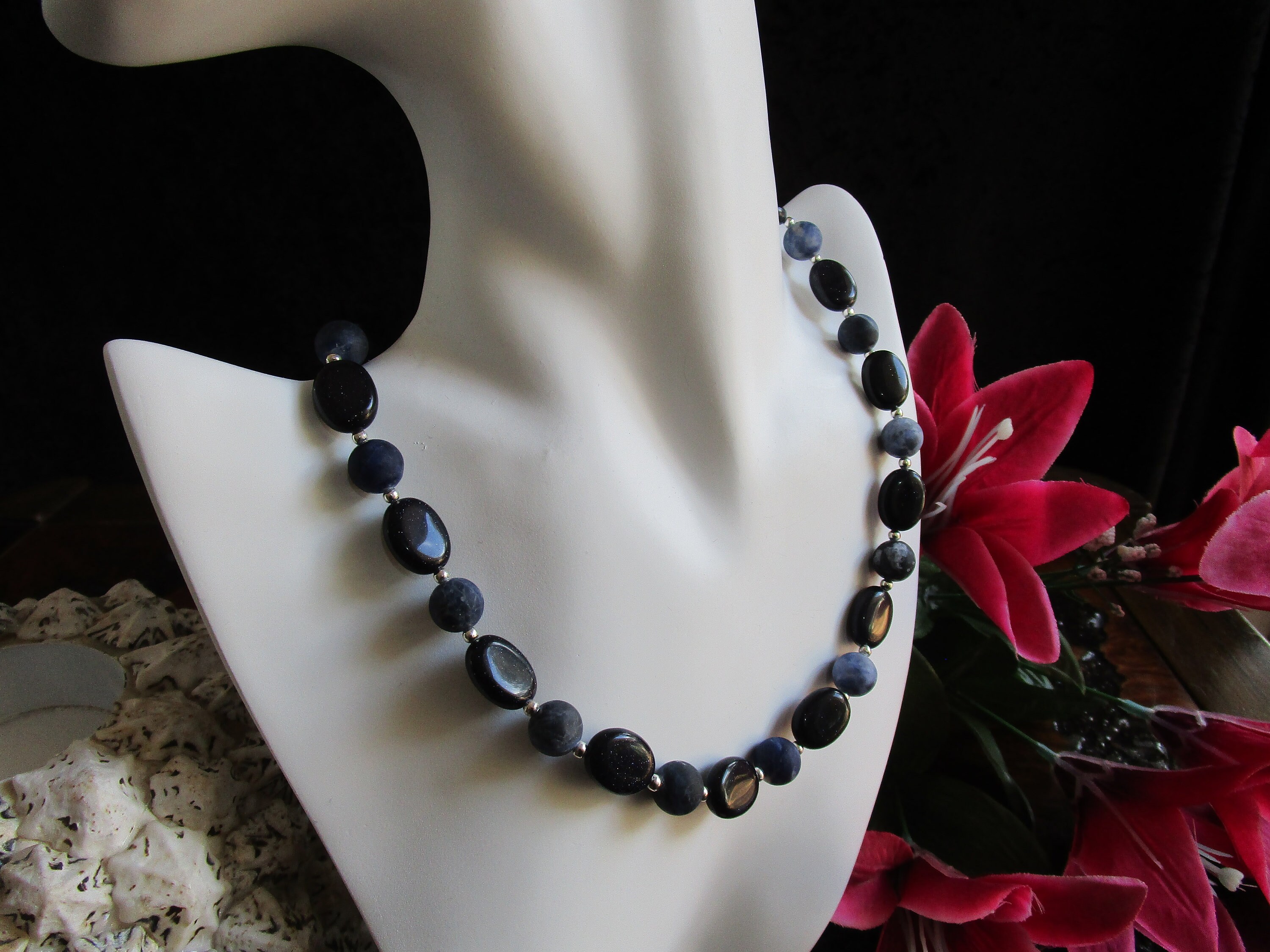 Navy Blue Goldstone and Matt Blue Sodalite Necklace, , 48cm Blue and