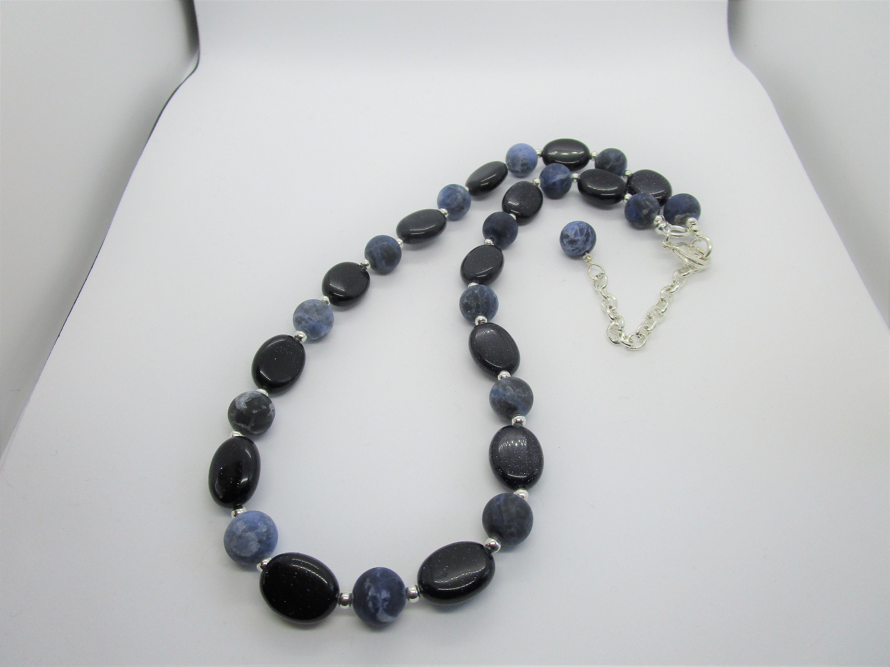 Navy Blue Goldstone and Matt Blue Sodalite Necklace, , 48cm Blue and Silver Gemstone Necklace