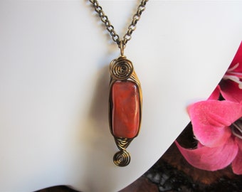 Rich Brown Wirework Agate & Bronze Pendant on a Bronze Chain, , Beautiful Brown Pendant, Agate Gemstone Pendant, Classy Necklace