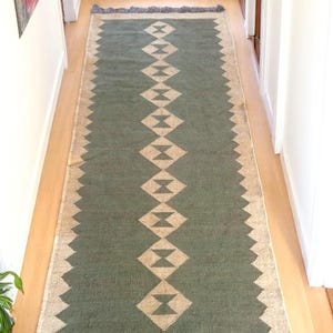 Grüner Kelim Läufer-Vintage Treppen Kelim Läufer Handgewebter Großer Teppich Wolle Jute Kelimteppich Handgewebt Boho Outdoor Treppenläufer