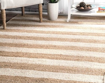 White Stripes Jute Rugs -Natural Hemp rug,Extra Large Jute area Rugs Jute Rugs Stripes jute Rug, Large Area Hemp Rug For Hallway Rug,8x10 ft