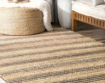 Natural with black striped hemp jute rugs-large area hemp jute rugs Boho Natural Jute Rug, Stripe Area Rug, Bohemian Rug, Custom Size Rug,