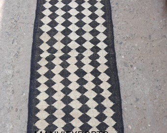 2x5,2x6,2x8,2x12ft Black White Diamond Jute kilim Runner,kilim rug, floor runner, living room rug, kitchen runner,black wool jute runner rug