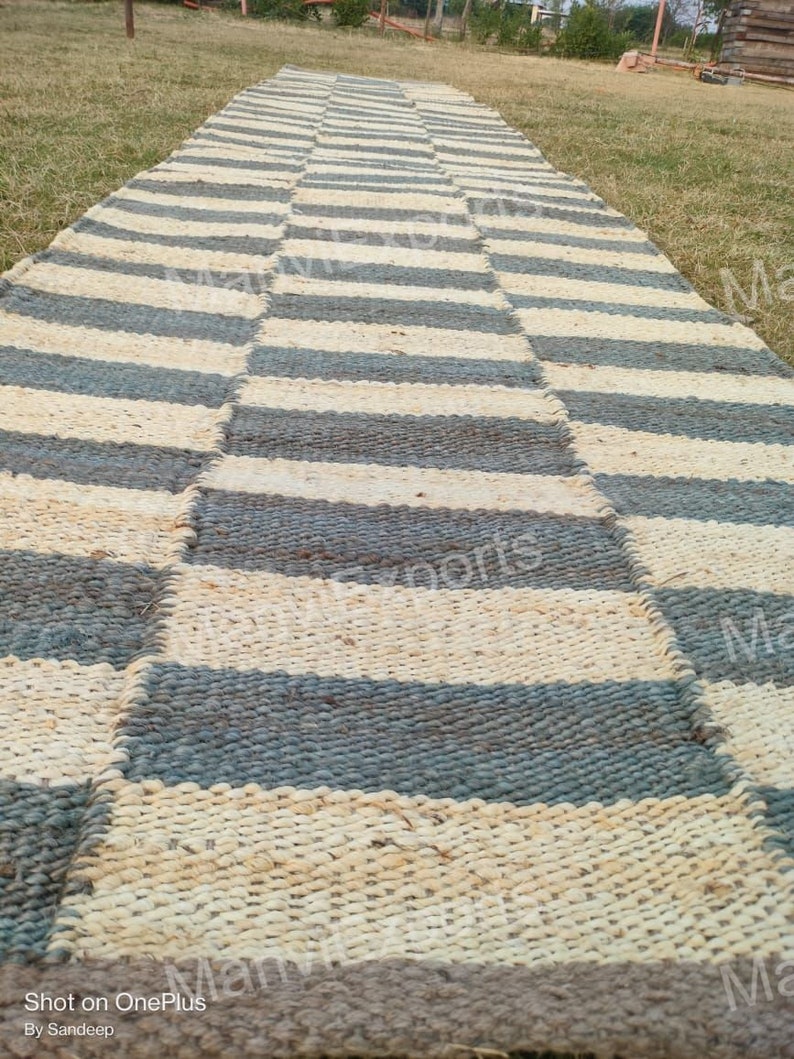 2.5x5, 2.5x20, 4x6, 5x8 Ft Sky Blue White Hemp Jute Rugs, Striped Jute
