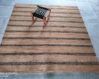 Black Striped Natural Jute Rug, Large Hemp Area Rug, Modern Farmhouse Living Room Rug, Handmade XL Striped Carpet, Custom Handwoven Rug