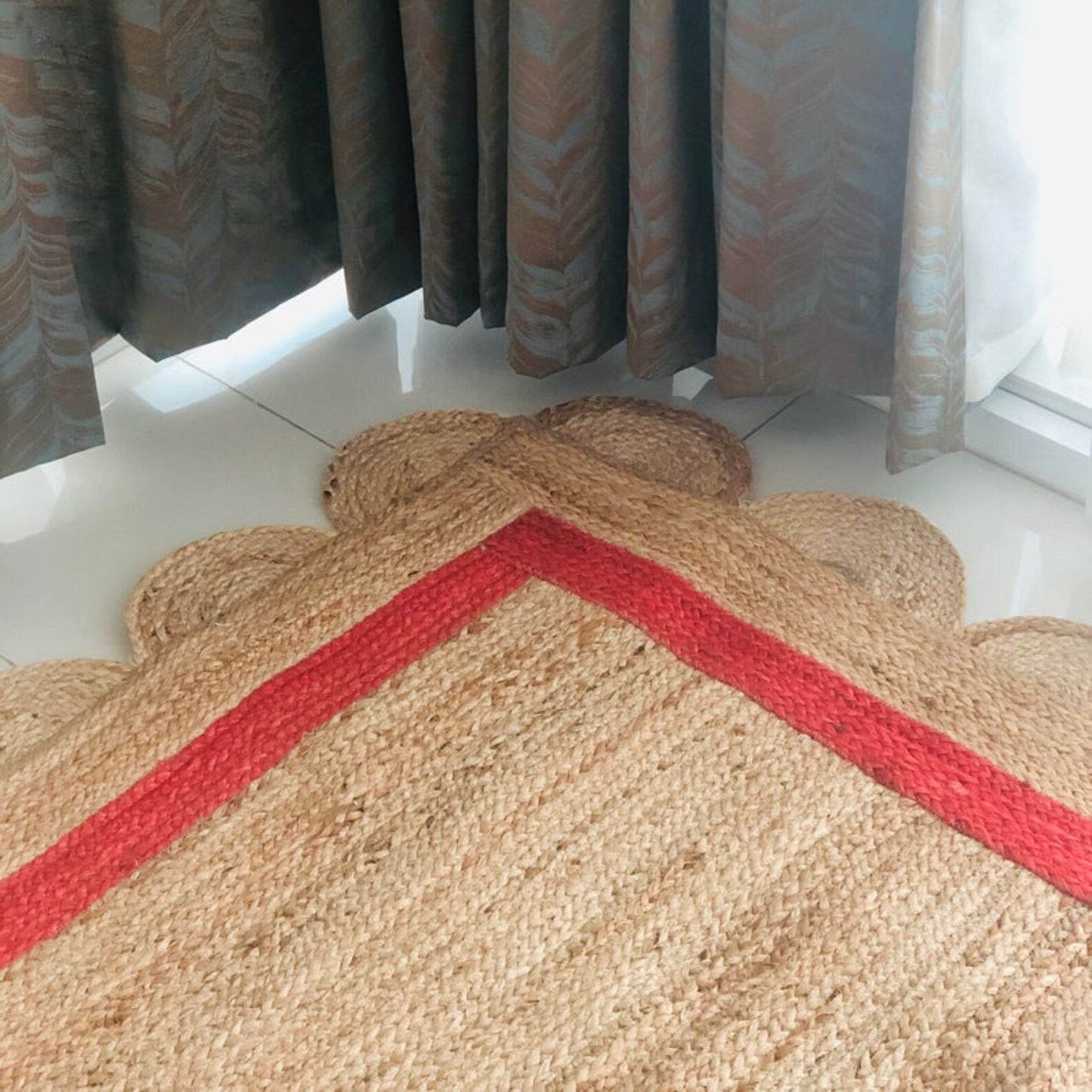 Scalloped Jute Rug Yellow and Red Border Jute Rugs Handmade Etsy