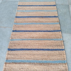 Handmade Navy Blue Striped Jute Runner-Natural Hemp Jute Runner-hallway Jute Runner-jute runner in bathroom-stair runner carpet jute