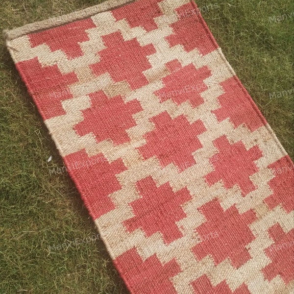 Handmade Red with White hemp jute runner-jute stair runner with landing-long hallway jute runner-jute runner mudroom- jute runner kitchen