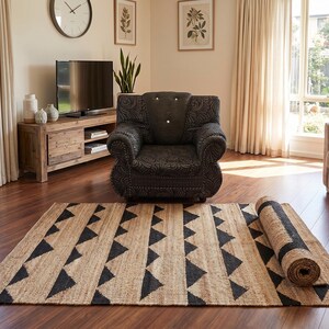 Handwoven Jute Rug with Black Geometric Triangle Pattern – Natural Boho Hallway Rug, Modern Farmhouse Decor Rug