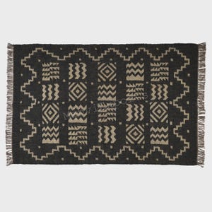 Black Kilim Rug-Handwoven-Wool and Jute Rug Handmade-Boho Decor Kilim Dhurrie Rug-Traditional Indian Custom Multiple Size Wool Jute Area rug