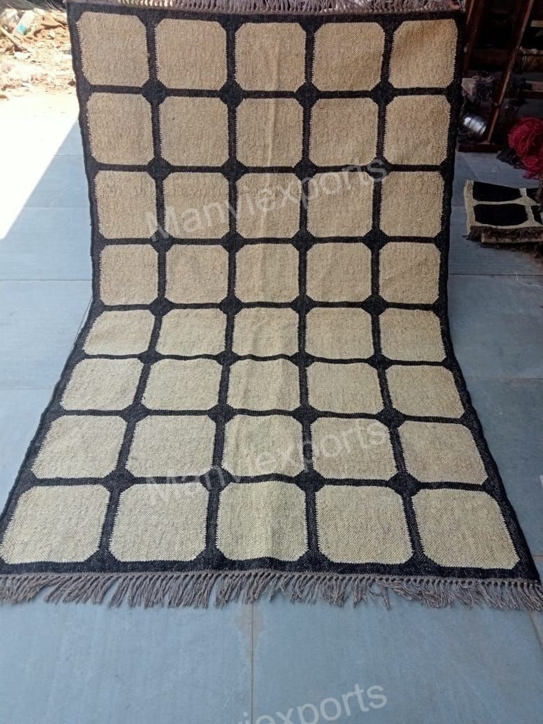 Handmade White Checked Kilim Jute Rugswhite and Black Line Striped