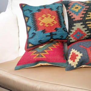 4 Set of Kilim Home Decorative Indian Handwoven Jute Cushion Cover 18x18 Decorative Chair Pillow Cases Hand loomed Indian Pillows Covers