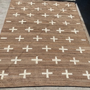 handwoven Natural with white cross hemp jute rugs-geometric jute rugs-large area jute rugs-180 x 270 cm jute rugs-white cross jute rugs