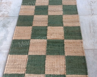 Handgefertigter Grün Karierter Jute Läufer, Natürlicher Hanf Teppich