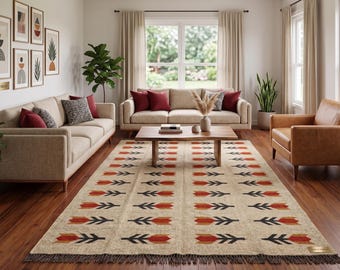 Handwoven Wool Jute Kilim Rug - Red and beige Rug, Handwoven Geometric Wool & Jute Rug, Traditional Indian Dhurrie, Flatweave Custom Sizes