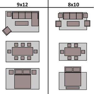 May include: Diagram showing furniture layout ideas for rooms measuring 9x12 feet and 8x10 feet. The plans depict living room arrangements with sofas and chairs, dining areas with tables and chairs, and bedroom layouts with beds and bedside tables.