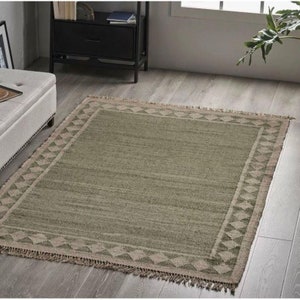 8 x 1 0 ft handwoven Green With Natural checked Jute kilim rug-Bedroom Living room Dining room Rug-jute wool rug living room-Green area rug