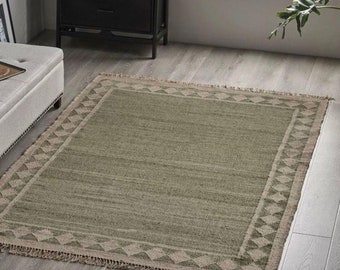 8 x 1 0 ft handwoven Green With Natural checked Jute kilim rug-Bedroom Living room Dining room Rug-jute wool rug living room-Green area rug